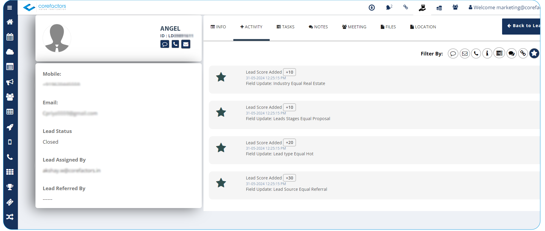 Lead scoring in Corefactors CRM