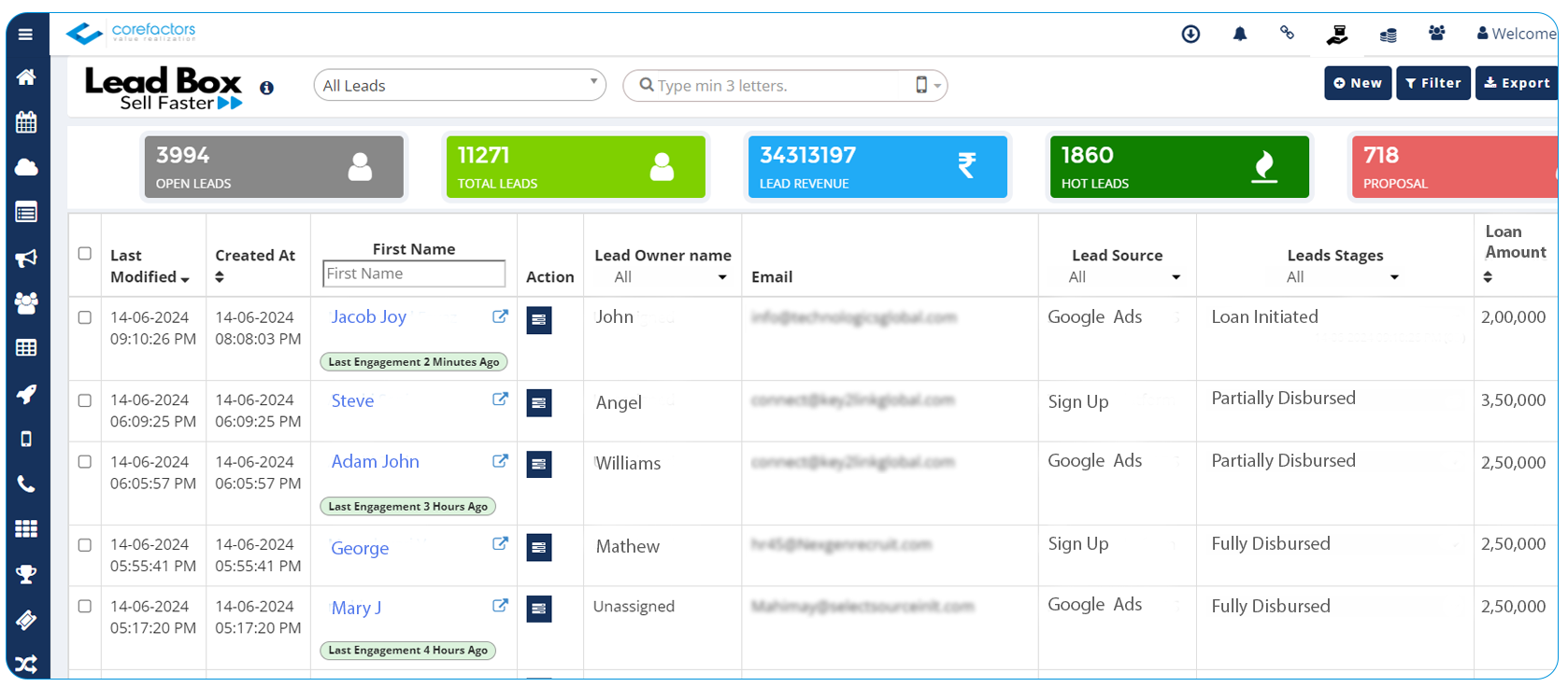 lead source and lead stages in Corefactors CRM